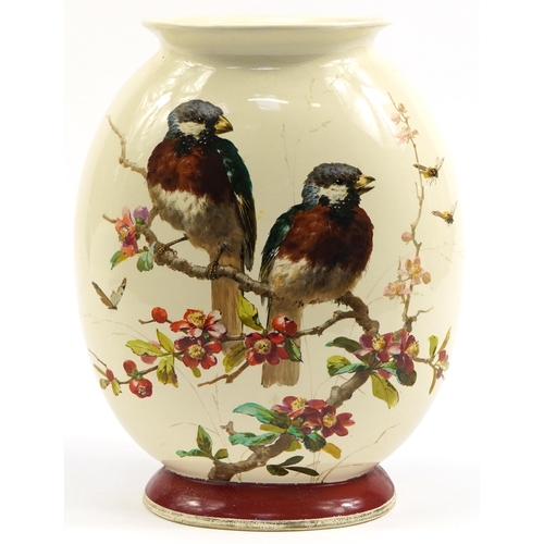 455 - Large Victorian aesthetic vase hand painted with two birds on a branch with flowers, 37.5cm high