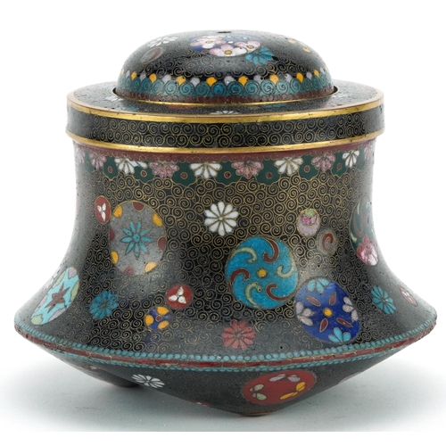 194 - Japanese cloisonne tripod incense burner enamelled with stylised floral roundels