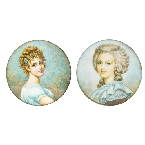 350 - Pair of circular hand painted portrait miniatures of young females, each signed Brilli and housed in... 