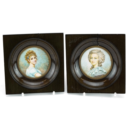 350 - Pair of circular hand painted portrait miniatures of young females, each signed Brilli and housed in... 