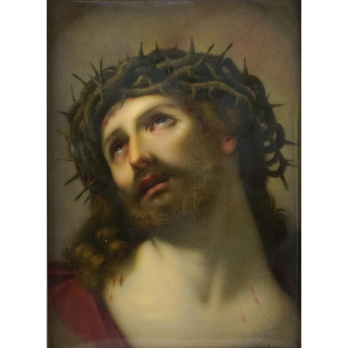 17 - Manner of KPM, continental rectangular porcelain panel hand painted with Christ wearing a crown of t... 