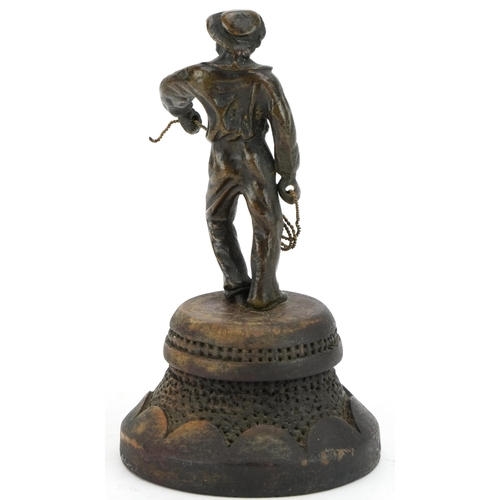 425 - Patinated bronze study of a fisherman raised on a lacquered wood base