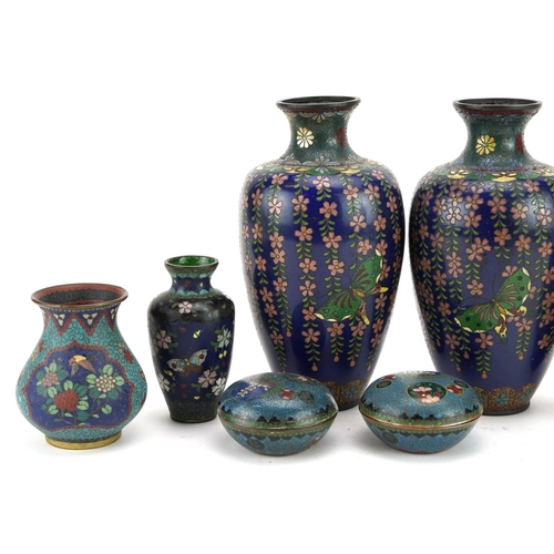 273 - Three pairs of Japanese cloisonne vases and a pair of cloisonne boxes with covers, each enamelled wi... 