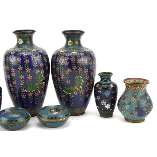 273 - Three pairs of Japanese cloisonne vases and a pair of cloisonne boxes with covers, each enamelled wi... 