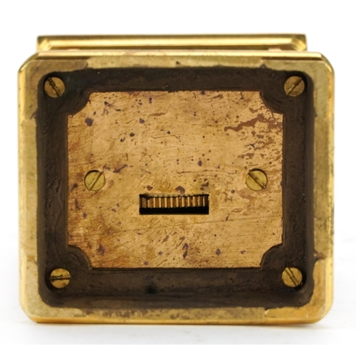 220 - Miniature brass carriage clock with Sevres type panels and Roman numerals, 8.5cm high