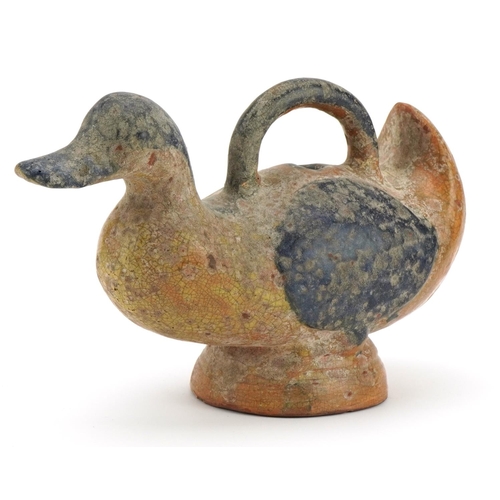 1474 - Chinese pottery duck water dropper having a sancai type glaze, 26cm in length