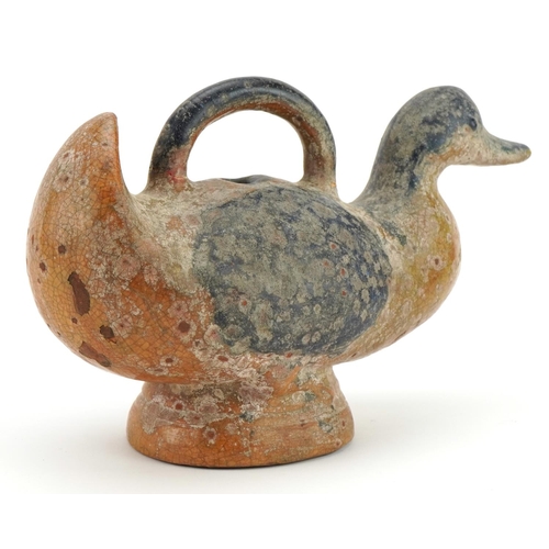 1474 - Chinese pottery duck water dropper having a sancai type glaze, 26cm in length