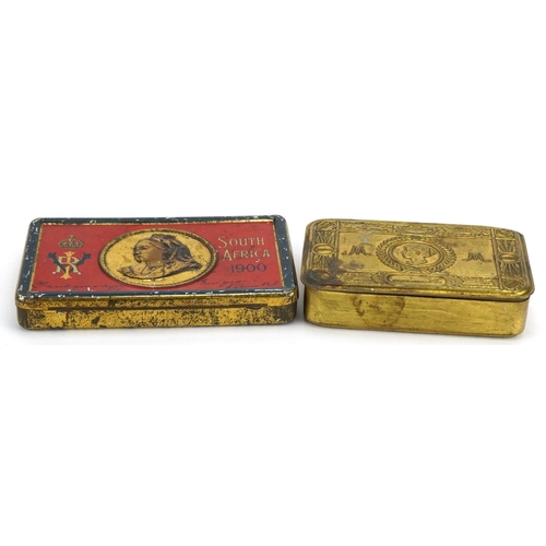 1761 - Two military interest tins comprising World War I brass Mary and Boer War, the largest 15.5cm wide