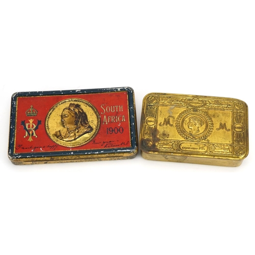 1761 - Two military interest tins comprising World War I brass Mary and Boer War, the largest 15.5cm wide