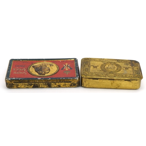 1761 - Two military interest tins comprising World War I brass Mary and Boer War, the largest 15.5cm wide