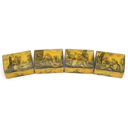 430 - Four 19th century continental lacquered dome top boxes hand painted with classical figures in landsc... 