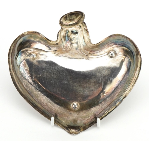 92 - German Art Nouveau silver plated female design pin dish in the form of a love heart, 15.5cm wide