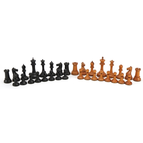 1403 - Jaques of London, boxwood and ebony Staunton pattern chess set, the largest pieces each 9cm high