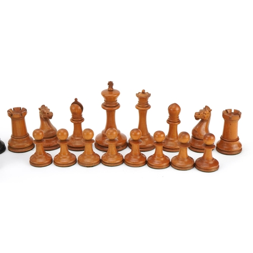 1403 - Jaques of London, boxwood and ebony Staunton pattern chess set, the largest pieces each 9cm high