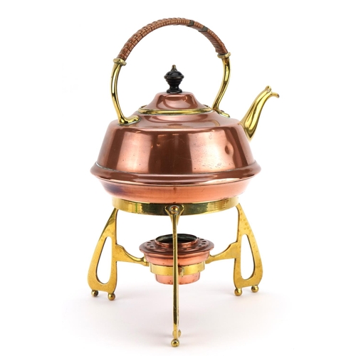 91 - Arts & Crafts style copper and brass teapot on stand with burner, possibly German, 33cm high