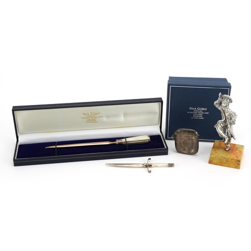 1880 - Silver objects comprising Paul Goble letter opener and page marker with mother of pearl handles, fig... 