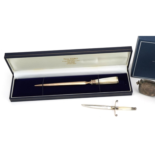 1880 - Silver objects comprising Paul Goble letter opener and page marker with mother of pearl handles, fig... 