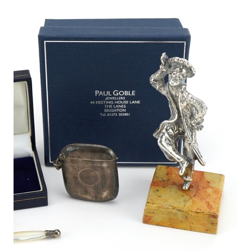 1880 - Silver objects comprising Paul Goble letter opener and page marker with mother of pearl handles, fig... 