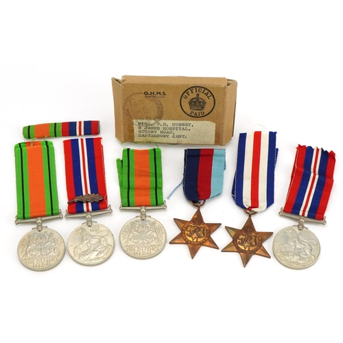 1758 - British military World War II medals including box of issue addressed to Miss F H Hussey