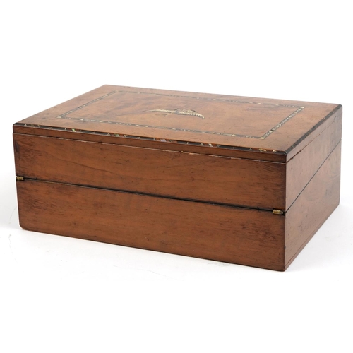 239 - Victorian walnut workbox with abalone inlay depicting a bird in flight, 13cm H x 32.5cm W x 22cm D