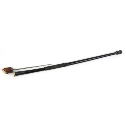 398 - Ebonised swordstick with horn handle and steel blade, 97.5cm in length