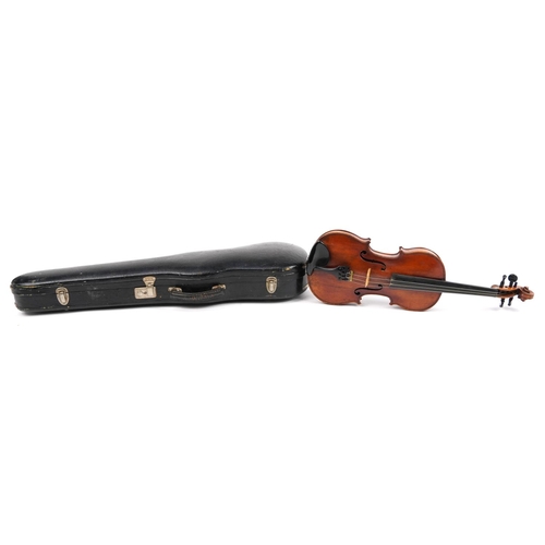 353 - Old wooden violin with one piece back and case, the violin back 14 inches in length