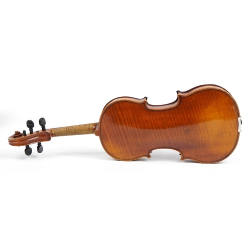 353 - Old wooden violin with one piece back and case, the violin back 14 inches in length