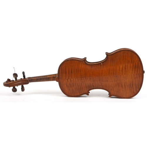 355 - Old wooden violin with scrolled neck, the violin back 14 inches in length