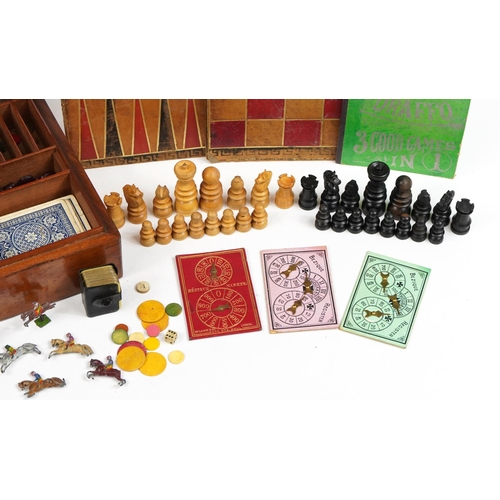 1402 - Victorian mahogany travelling games compendium to include various games including bone and ebony Dom... 