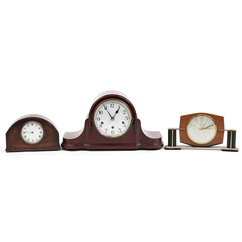 1492 - Three mantle clocks including Art Deco Metamec and Napoleon hat shaped clock with Westminster chime,... 