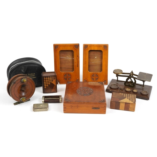 1482 - Woodenware and sundry items including fishing reel, postage scales and snuff boxes, the largest 20cm... 