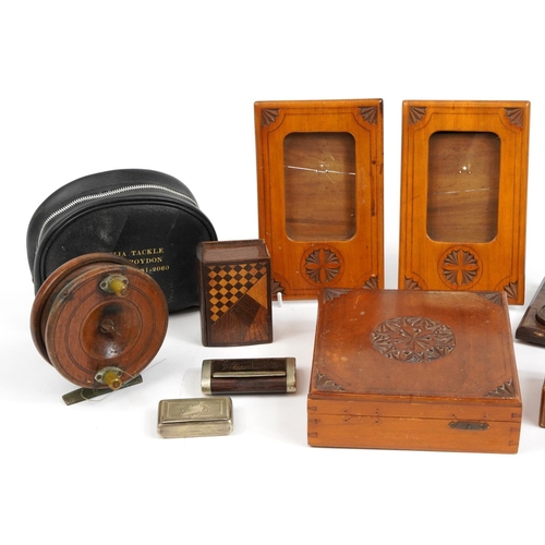 1482 - Woodenware and sundry items including fishing reel, postage scales and snuff boxes, the largest 20cm... 