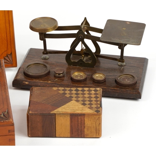 1482 - Woodenware and sundry items including fishing reel, postage scales and snuff boxes, the largest 20cm... 