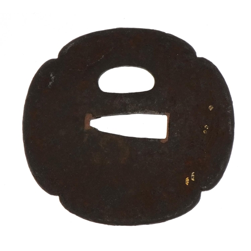 197 - Japanese mixed metal iron tsuba cast with cranes, 7cm x 6.5cm