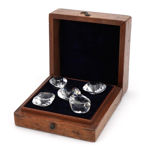 419 - Mahogany cased set of five replica diamonds including Koh I Noor and Pitt, 6cm H x 12.5cm W x 12.5cm... 