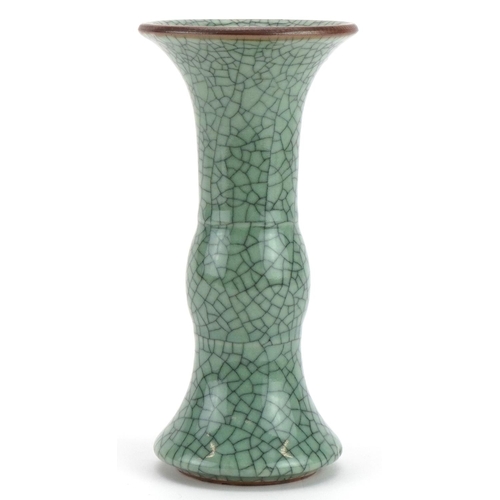 440 - Chinese Ge ware type porcelain Gu beaker vase, 15cm high