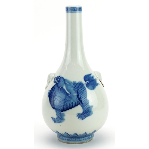 183 - Chinese blue and white porcelain vase with animalia handles, hand painted with dogs of Foo, six figu... 