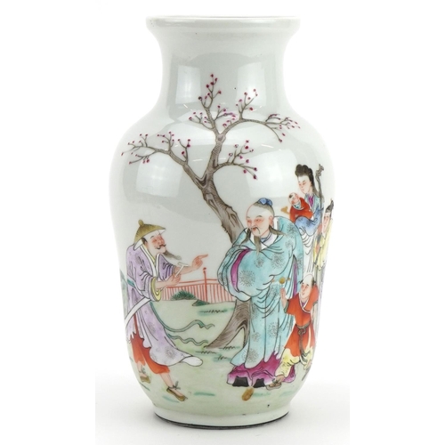 182 - Chinese porcelain vase hand painted in the famille rose palette with figures before a landscape, 22c... 