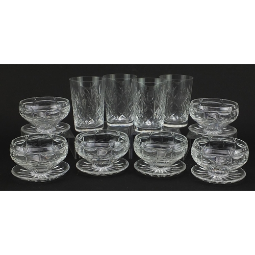 505 - Set of six Stuart Crystal sundae dishes and set of four drinking glasses, the largest each 10.5cm hi... 