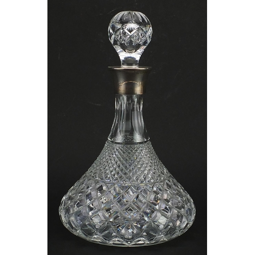 1871 - Cut glass decanter with stopper and silver collar by B P Co London 1973, 27.5cm high