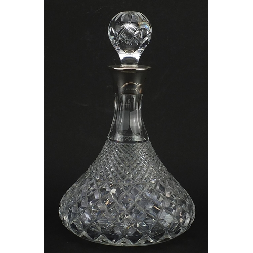 1871 - Cut glass decanter with stopper and silver collar by B P Co London 1973, 27.5cm high