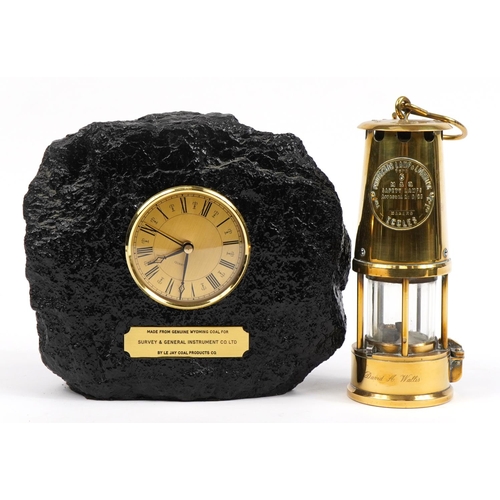 1477 - Vintage brass Eccles miner's lamp and a mining interest mantle clock, the plaque inscribed Made from... 