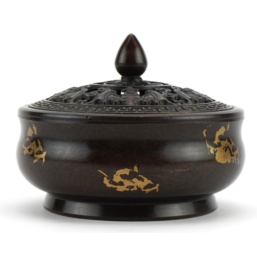 396 - Chinese gold splashed bronze censer with pierced lid, the pierced lid decorated with bats, character... 