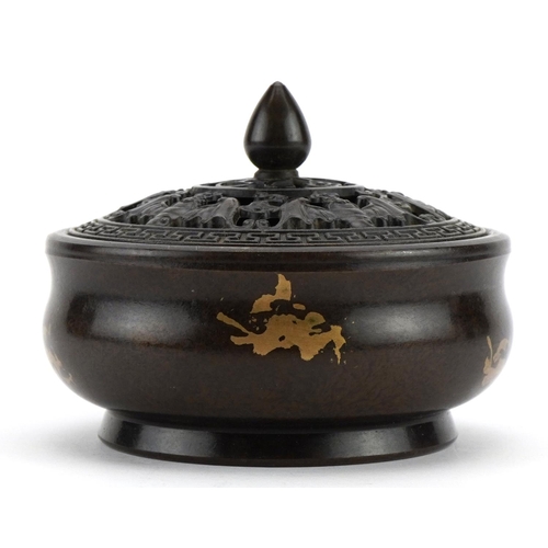 396 - Chinese gold splashed bronze censer with pierced lid, the pierced lid decorated with bats, character... 