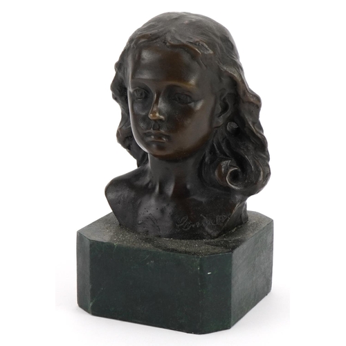 343 - Patinated bronze bust of a female raised on a green marbleised base, 15cm high