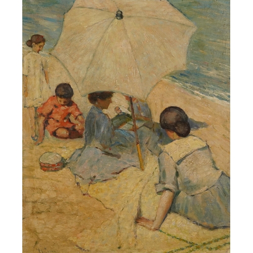 133 - Females and children on a beach, Post Impressionist oil on canvas housed in an ornate gilt frame, 75... 