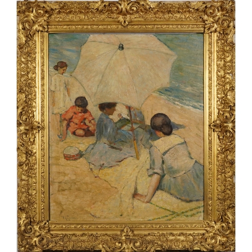 133 - Females and children on a beach, Post Impressionist oil on canvas housed in an ornate gilt frame, 75... 