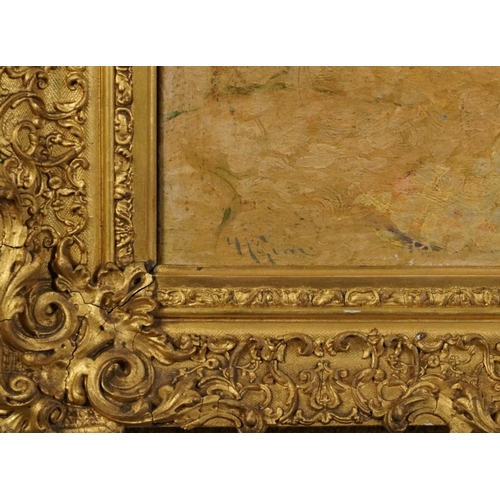 133 - Females and children on a beach, Post Impressionist oil on canvas housed in an ornate gilt frame, 75... 