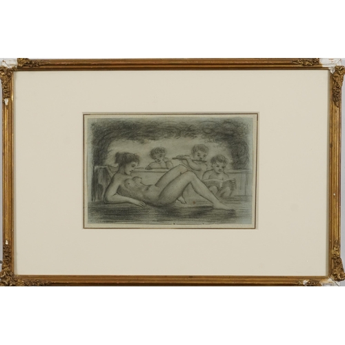 166 - Nude female with cherubs, Old Master chalk on paper, inscribed verso, mounted, framed and glazed 20.... 