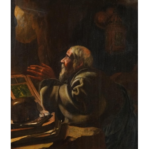 1286A - Saint at prayer in a cave beside Memento Mori Skull, 19th century oil on wood panel, framed, 28cm x ... 